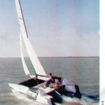 In her favorite attitude --roaring along on a close reach-- Stiletto can easily exceed 20 knots. But she also points well and tacks quickly, thanks to her single centerboard
