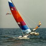 Beachcat hull-flying action.