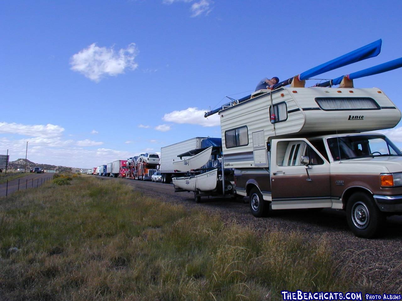 Bill and I somewhere in NM in a traffic jam that stretched for miles...