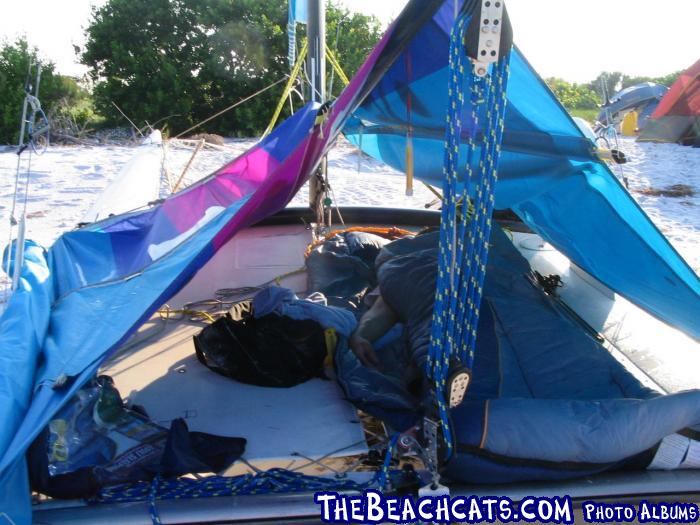 Hobie 18 quick tent using main sail and boom