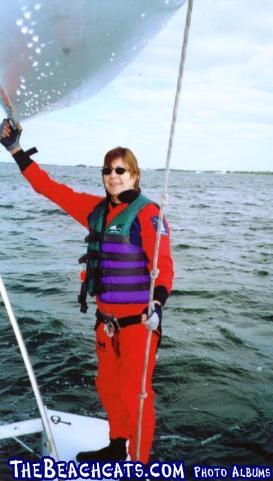 Brenda posing after our first capsize on the Prindle 18