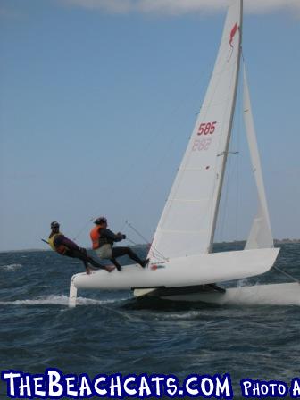 Its hard to trim the jib on a Stingray when the winds over 25 knots. Todd and Jeff at Kingston after racing was cancelled